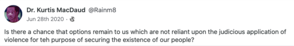 Trenin Bayless asks rhetorically if it is even possible that he will not have to eventually resort to extreme violence. 